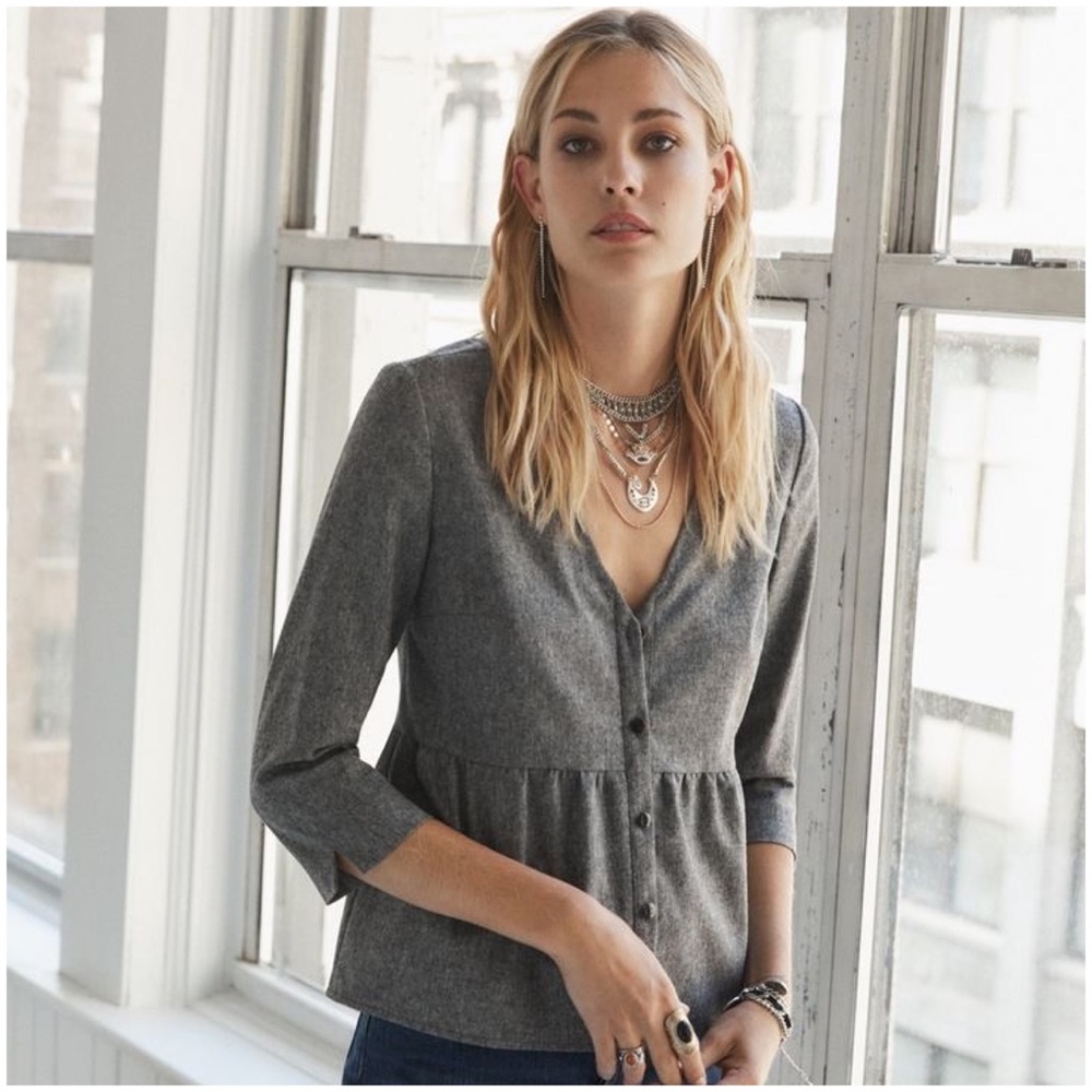 Sézane Leona Wool Blend Button-up Peplum Top